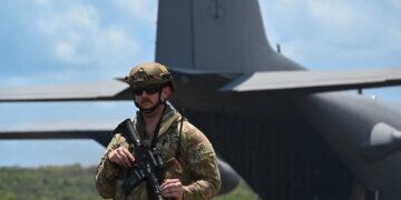 U.S. Air Force Airman from the 133rd Contingency Response Flight, Minnesota Air National Guard, scans the perimeter in Ceiba, Puerto Rico, April 9, 2025. The Airman is participating in a training exercise which is designed to provide scenarios that align with the Agile Combat Employment doctrine and tactical training opportunities.

(U.S. Air National Guard photo by Airman Kaci Brannan)