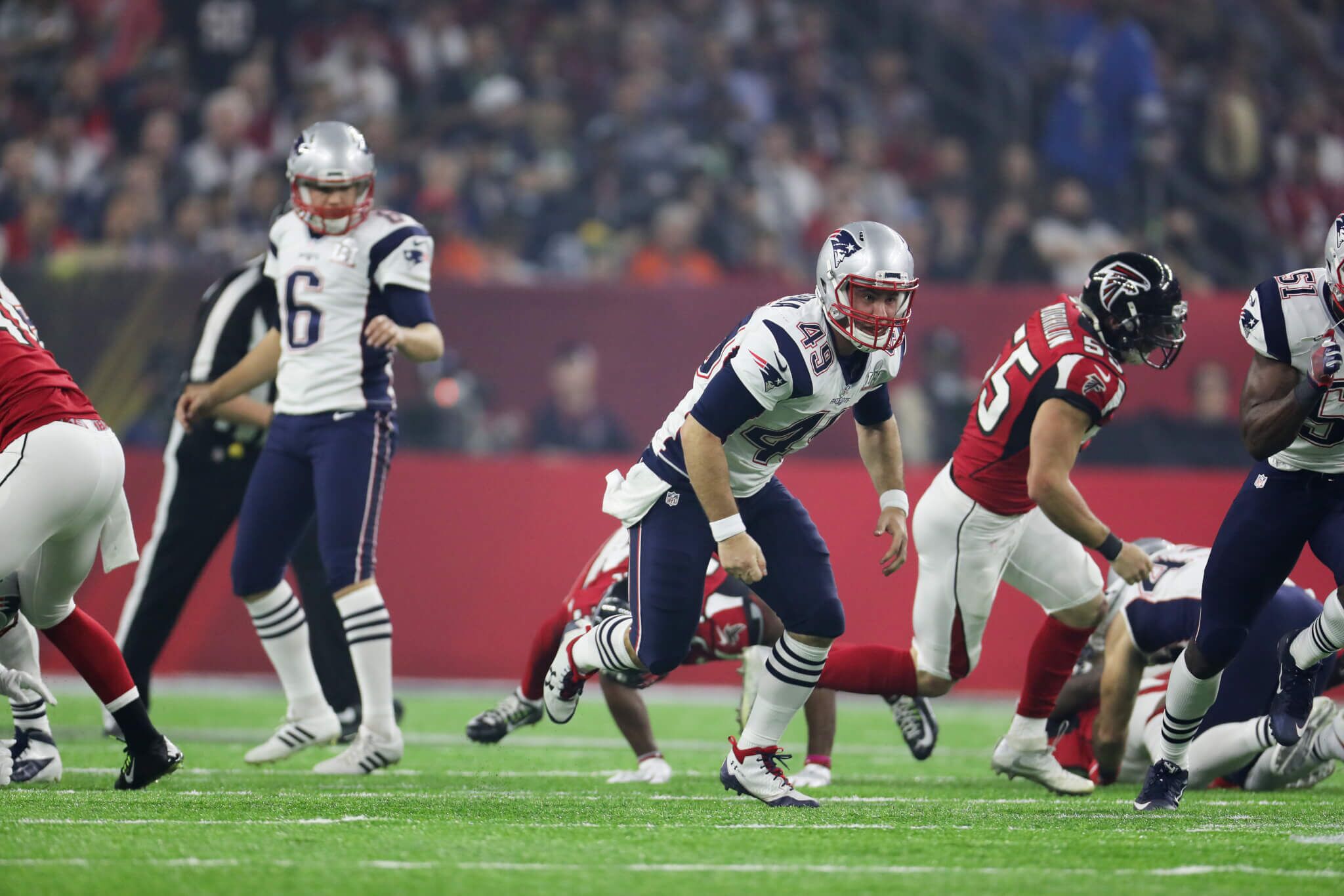 A pregame image of Joe Cardona during the Patriots Super Bowl appearance. Photo by Dwight Darian.