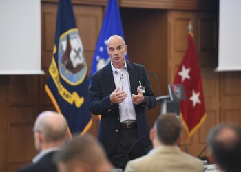 Gronski speaks with leaders from the U.S. Army NATO Brigade, U.S. Army Europe and other NATO Commands while serving as the Deputy Commanding General of National Guard for U.S. Army Europe. Photo by Tony Sweeney.
