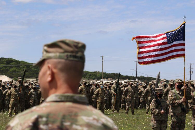 Col. Alan Gronewold, Task Force Phoenix commander, addresses his Soldiers at North Fort Hood, Texas, April 18, 2021. (U.S. Army National Guard photo by Maj. Jason Sweeney)