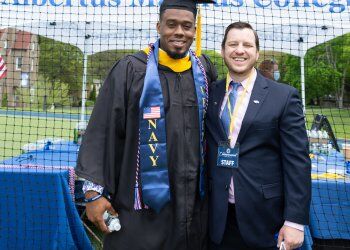 Tom Noonan (right) with student Jiron Cummings (left). An Army veteran, Noonan works with military-affiliated students to ensure their success. Image courtesy of Albertus Magnus.