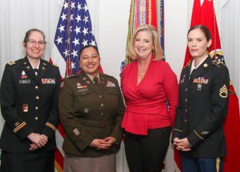 From left: Lt. Col Kelly Bell; Maj. Sam Winkler; Christine E. Wormuth, Secretary of the Army; and Staff Sgt. Nicole Pierce pose at the signing of the Parenthood, Pregnancy and Postpartum Army directive at the Pentagon on April 19, 2022. The directive, published on April 21, 2022, announces 12 pivotal changes to pregnancy and childbirth policy in the Army. (Photo by Staff Sgt. Tae Harrison)