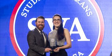 Oregon National Guardsman Spc. Angelina Trillo with Jared Lyon, national president & CEO of Student Veterans of America
